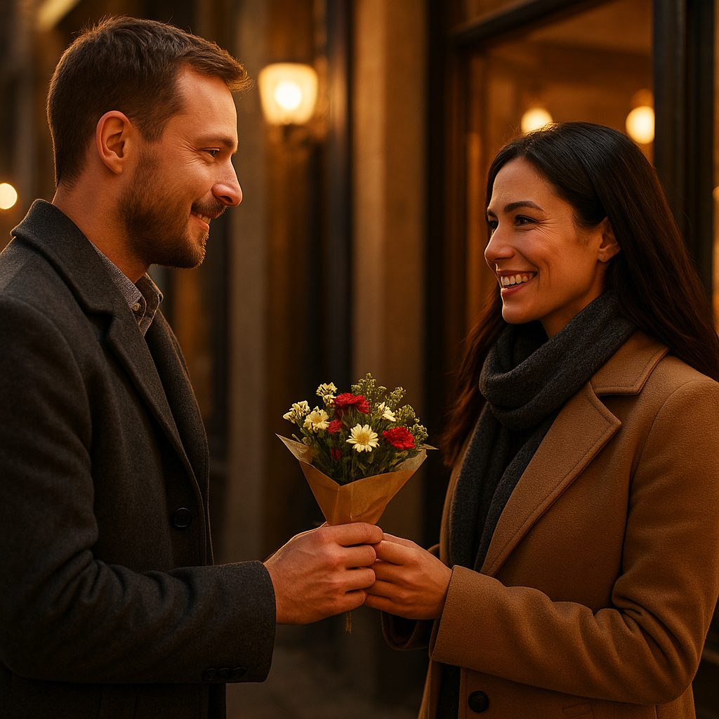 First date flowers — a small bouquet of fresh flowers on a café table